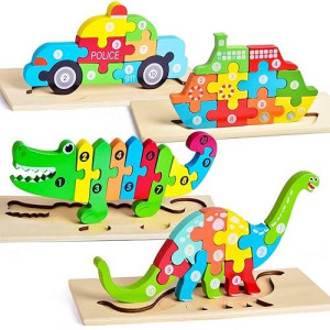 Fun Little Toys Wooden Puzzles For Toddlers Age 3+, 4-Pack Toddler Puzzles Baby Puzzles, Montessori Toys And Educational Toys, Birthday Gifts