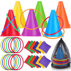 3 In 1 Carnival Games Set,31Pcs Bean Bag Toss Games Combo Set,Soft Plastic Cones,Cornhole Bean Bags Ring Toss Game For Kids Adults Birthday Party Indoor Outdoor Games Supplies,Obstacle Course Supplies