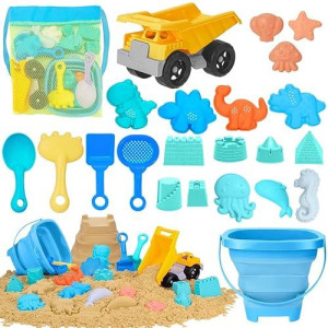 Beach Sand Toys For Kids - 23Pcs Collapsible Sand Bucket And Shovels Rake Set With Mesh Bag, Dump Truck Toy, Animal Dinosaur Molds, Travel Sandbox Toys For Boys,Toddlers Age 3