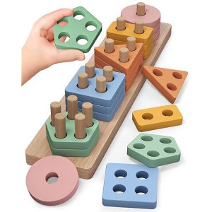 Pebira Montessori Toys For 1 2 Year Old, Wooden Sorting And Stacking Toys For Toddlers, Baby Shape Sorter And Color Stacker Blocks For Toddler, Preschool Learning Toy, Gift For 12-18 Month Boys Girls