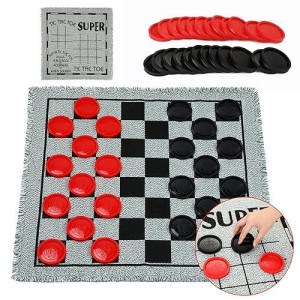 Giant Checkers Board Game Set,3 In 1 Tic Tac Toe Board Draughts Reversible Rug Game For Kids & Adults, Big Checker Floor Game Mat,Indoor Outdoor Yard Game For Family Camping Party