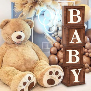 Wood Print Baby Shower Boxes For Teddy Bear Birthday Party Centerpiece - 4 Pcs Wood Grain Baby Cubes Rustic Baby Blocks With Letters, Brown Baby Shower Decorations