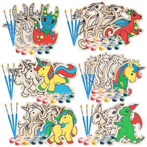 Kids Halloween Party Wood Painting Craft Kits (20Ct) -Unicorns & Dragons- Each Kit Has Its Own Brush, Paint, & Figure- Fun, Unique Birthday Party Activity, Favors Or Classroom School Projects Gift