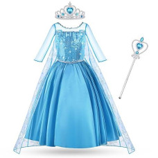 Aomig Elsa Dress Costume, 3Pcs Princess Dress Up, Princess Dress With Accessories, Princess Dress Costumes For Birthday Party Queen Cosplay With Crown Wand (100Cm)