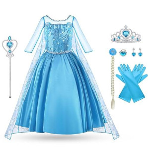 Aomig Elsa Dress Costume, 5Pcs Princess Dress Up, Princess Dress With Accessories, Princess Dress Costumes For Birthday Party Queen Cosplay With Crown Wand (110Cm)