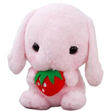 Houpu Soft Toy - Sitting Lop Eared Rabbit, Easter White Rabbit Stuffed Bunny Animal With Carrot Soft Lovely Realistic Long-Eared Standing Pink Plush Toys (Pink-Strawberry,12.5In/32Cm)
