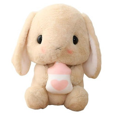 Houpu Soft Toy - Sitting Lop Eared Rabbit, Easter White Rabbit Stuffed Bunny Animal With Carrot Soft Lovely Realistic Long-Eared Standing Pink Plush Toys (Brown-Milk Bottle,25.5In/65Cm)