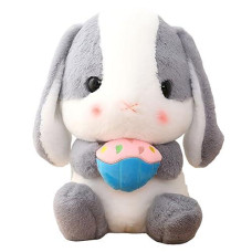 Houpu Soft Toy - Sitting Lop Eared Rabbit, Easter White Rabbit Stuffed Bunny Animal With Carrot Soft Lovely Realistic Long-Eared Standing Pink Plush Toys (Ash White-Cake,8.6In/22Cm)