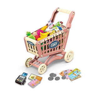 Redcrab Kids Shopping Cart Toy Supermarket 54Pcs Playset Included Grocery Cart Toy,Credit Card Pretend Fruit Vegetables Shop Accessories For Boy Girl Kid (Pink)