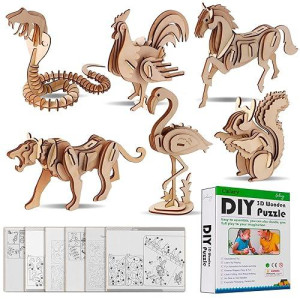 Calary 3D Wooden Puzzle Simulation Animal Dinosaur Assembly Diy Model Toy For Kids And Adults,Set Of 6