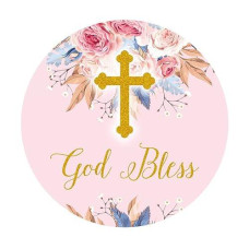 Fedyufook Pink And Gold Elegant Floral Cross Stickers God Bless Sticker Labels For Religious Baptism, Confirmation, Christening, First Communion - 2 Inches - 50 Count