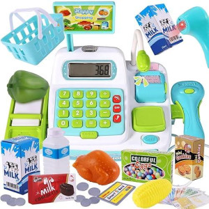Buyger Kids Pretend Play Cash Register For Kids With Scanner And Credit Card Calculator Play Food Money Supermarket Grocery Toys Playset For Kids Ages 4-8 3 4 5 + Years Old