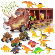 Dinosaur Toy Trucks For Kids - 28 Pack Dinosaur Toy Pull Back Cars Set With Flashing Lights, Music,Roaring Sound,Dinosaur Car With Cars Launcher Track For Boys Girls Age 3 4 5 6 7 8 Year Old (Brown)