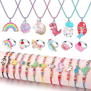 24 Pcs Little Girl Jewelry Set Kids Unicorn Necklace Cute Woven Bracelet Ring For Girls Pretend Dress Up Party Favor (Cute Style)
