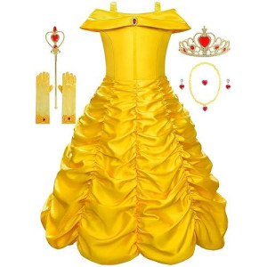 Knemmy Princess Dress Up Clothes Halloween Beauty And Beast Costume For Girl Cosplay Birthday Outfit Yellow 6-6X(140)