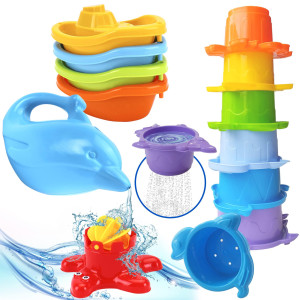 Technok Baby Bath Toys For Toddlers - 12 Pcs Rainbow Stacking Cups Baby Toy With Bath Boats Train And Toddler Watering Can - Stackable Plastic Bath Toys - Sea Animal Shapes Bath Toy For Girls And Boys