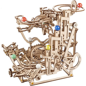 Ugears Marble Run Tiered Hoist - Wooden Marble Run Kit With 10 Colored Marbles - 3D Puzzles For Adults And Kids - Amusement Park Wood Marble Track 3D Puzzle - Wood Model Kit For Self-Assembly