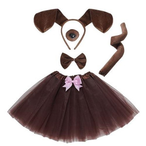 Jmkcoz Kids Puppy Dog Costume Tutu Set Brown Dachshund Dog Ears Headband Bowtie Nose Tail Tutu Skirt Animal Costume For Girls Boys Halloween Cosplay Party