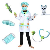 Rabtero Kids Veterinarian Costume, Vet Lab Coat Costume For Kids, Halloween Doctor Dress Up For Girls And Boys, Doctor Cosplay Costume With Accessories For Kids 6-8 Years