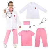 Rabtero Kids Doctor Costume, Career Day Costume For Girls, Pink Scrubs Set With White Coat, Halloween Doctor Cosplay Costume With Stethoscope For Kids 3T-4T