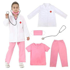 Rabtero Kids Doctor Role Play Costume White Jacket With Pink Scrubs(60% Polyester+40% Cotton) And Stethoscope Syringe 6T-8T
