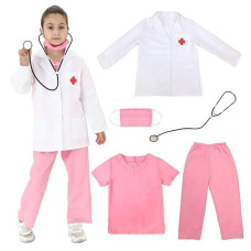 Rabtero Kids Doctor Costume, Career Day Costume For Girls, Pink Scrubs Set With White Coat, Halloween Doctor Cosplay Costume With Stethoscope For Kids 6-8 Years