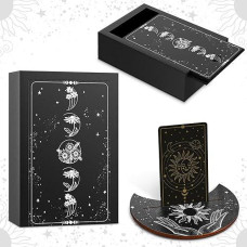 Yulejo Wooden Tarot Card Case And Stand Holder, Cards Box Fortune Telling Trinket Keepsake With Pendulum Board Moon Shape Altar Display For Witch (Novel Style)