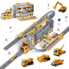 Construction Truck Boy Toys, Build A Small City, W/ 5 Mini Metal Trucks, Toys For 3+ Year Old Kids