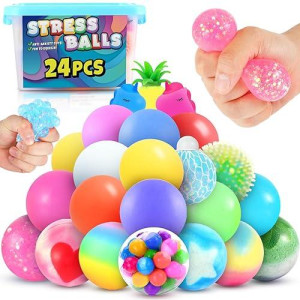 Oleoletoy Stress Balls - 24 Pack Sensory Stress Balls Bulk Sensory Toys For Kids And Adults - Fidget Toys Squishy Ball With Water Beads - Calming Tool For Autism, Adhd, Prize Box For Children