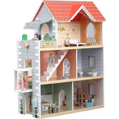Giant Bean Red Roof Wooden Dollhouse And Furniture Set For Girls, 2.6 Feet High With Elevator, Doorbell, Light,19 Pcs Furniture Set,Gream House Playset Toy Gift For Girls Ages 3-7+