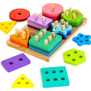 Hellowood Wooden Sorting & Stacking Toys, Montessori Toys For 1 2 3 Years Old Toddlers, Shape Sorter Puzzles With 24-Piece Large Geometric Blocks & 12 Word Cards, Gift For 12+ Months Baby Boys Girls