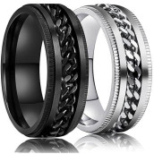 Laoyou Anxiety Spinner Ring For Men - 8Mm Men'S Black Silver Stainless Steel Spinning Anxiety Ring Inlay Curb Chain 2Pc Pack Spinner Rings Set Worry Calming Anti-Anxiety Jewelry For Men Boy Size 11
