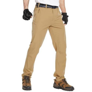Noukow Men'S Outdoor Hiking Pants, Quick Dry Lightweight Tactical Pants, Water Resistant Stretch Fishing Pants With 6 Zip Pockets & Belt Beige