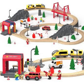 Giant Bean 72Pcs Wooden Train Tracks & Trains, Gift Packed Toy Railway Kits For Kids, Toddler Boys And Girls 3,4,5 Years Old And Up