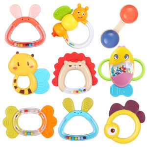 Moontoy Baby Rattles Teether Set Toys For 0 1 2 3 4 5 6 7 8 9 10 11 12 Month Old Baby Boy Girl, 9Pcs Baby Toys Sensory Toys Early Development Newborn Birthday Gifts Infant Toys 0-3-6-12 Month