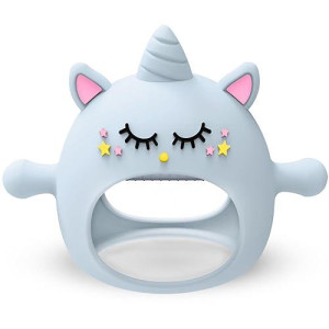 Teething Toys For Babies 0-6 Months, Tinabless Unicorn Never Drop Silicone Teether For Babies 6-12 Months, Hand Pacifier For Breast Feeding Babies, Baby Chew Toys Freezer Safe For Newborn, Blue