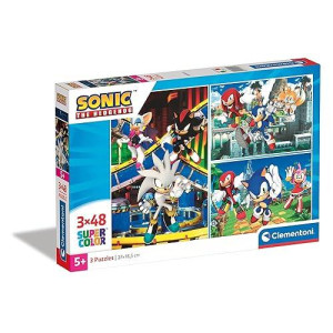 Clementoni 25280 Sonic Supercolor Sonic-3X48-Piece Jigsaw Puzzle For Kids Age 4, Multi-Coloured, One Size