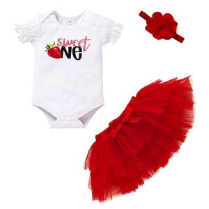 Grnshts Baby Girl Birthday Outfits Cake Smash Strawberry One Romper Tutu Skirt Headflower Party Photo Photography Clothes(Red,12-18M)