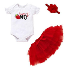 Grnshts Baby Girl Birthday Outfits Cake Smash Strawberry One Romper Tutu Skirt Headflower Party Photo Photography Clothes(Red,9-12M)