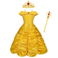 Aomig Princess Dress Up Costume,3Pcs Princess Costume Dress Up With Accessories, Belle Princess Dress For Girls Halloween Birthday Party Costumes Kids Girls Dresses