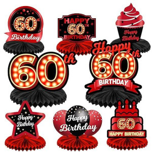 Happy 60Th Birthday Red And Black Table Honeycomb Centerpieces Balloons Theme Decor Table Decorations Table Toppers For Girls Women Princess 60 Years Old Birthday Party Bday Supplies Background Gold