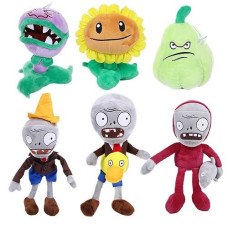 Basherise 6 Pcs Plant And Zombies Plush Toy Stuffed Soft Doll Pvz Sunflower, Wogua, Chomper Flower, Dolphin Rider, Roadblock Conehead, Yellow Duck Zombies Plush Figure Toy Great Gift