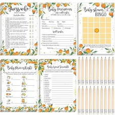 Yinder 145 Pieces Baby Shower Games For Boy Or Girl Game Activities Cards With 20 Pencils Includes Baby Bingo Description And Wishes Guess Who Baby Price Is Right, Word Scramble Game(Orange Style)