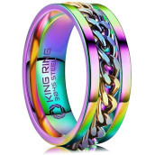 King Ring 8Mm Multicolor Spinner Ring - Fine Polished Flat Fidget Ring For Men & Women With Cuban Chain, Rainbow Stainless Steel Ring - Multi 11