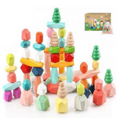 48Pcs Wooden Stacking Building Blocks Montessori Toys For 1 2 3 4 5 6 Year Old Girls Boys Preschool Educational Sensory Toys For Toddlers 1-3 Stem Learning Toys Ages 2-4 Kids Games Gift