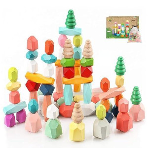 48Pcs Wooden Stacking Building Blocks Montessori Toys For 1 2 3 4 5 6 Year Old Girls Boys Preschool Educational Sensory Toys For Toddlers 1-3 Stem Learning Toys Ages 2-4 Kids Games Gift
