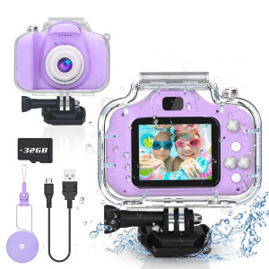 Yoophane Gifts For 6 7 8 9 10 Year Old Girls Kids Waterproof Camera Christmas Birthday Gifts Toys For Girls Age 3-12 1080P Digital Toddler Camera With 32Gb Sd Card (Purple)