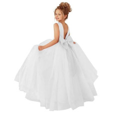 Mcieloluna Backless Bow-Knot Flower Girl Dresses For Wedding Birthday Party First Communion Dress Tulle Princess Pageant Ball Gowns White Size 8