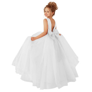 Mcieloluna Backless Bow-Knot Flower Girl Dresses For Wedding Birthday Party First Communion Dress Tulle Princess Pageant Ball Gowns White Size 8