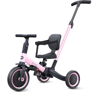 Newyoo 5 In 1 Tricycles For 1-3 Year Olds, Toddler Bike, Gift & Toys For Boy & Girl, Baby Balance Bike, Toddler Tricycle With Parent Steering Push Handle, Backrest & Safety Belt, Pedals, Pink